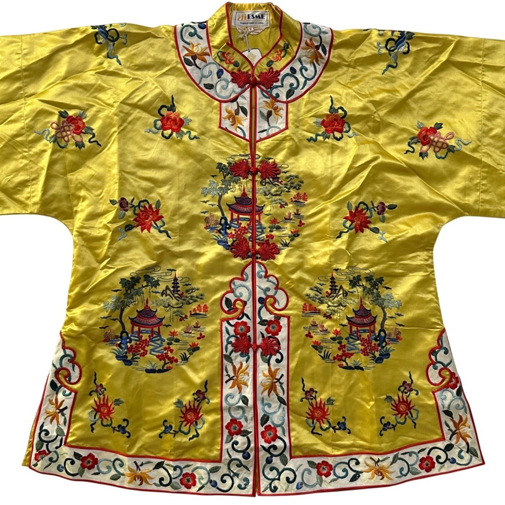 Vintage Chinese Silk Satin Hand Embroidered Pagoda Jacket Kimono Top S Yellow
